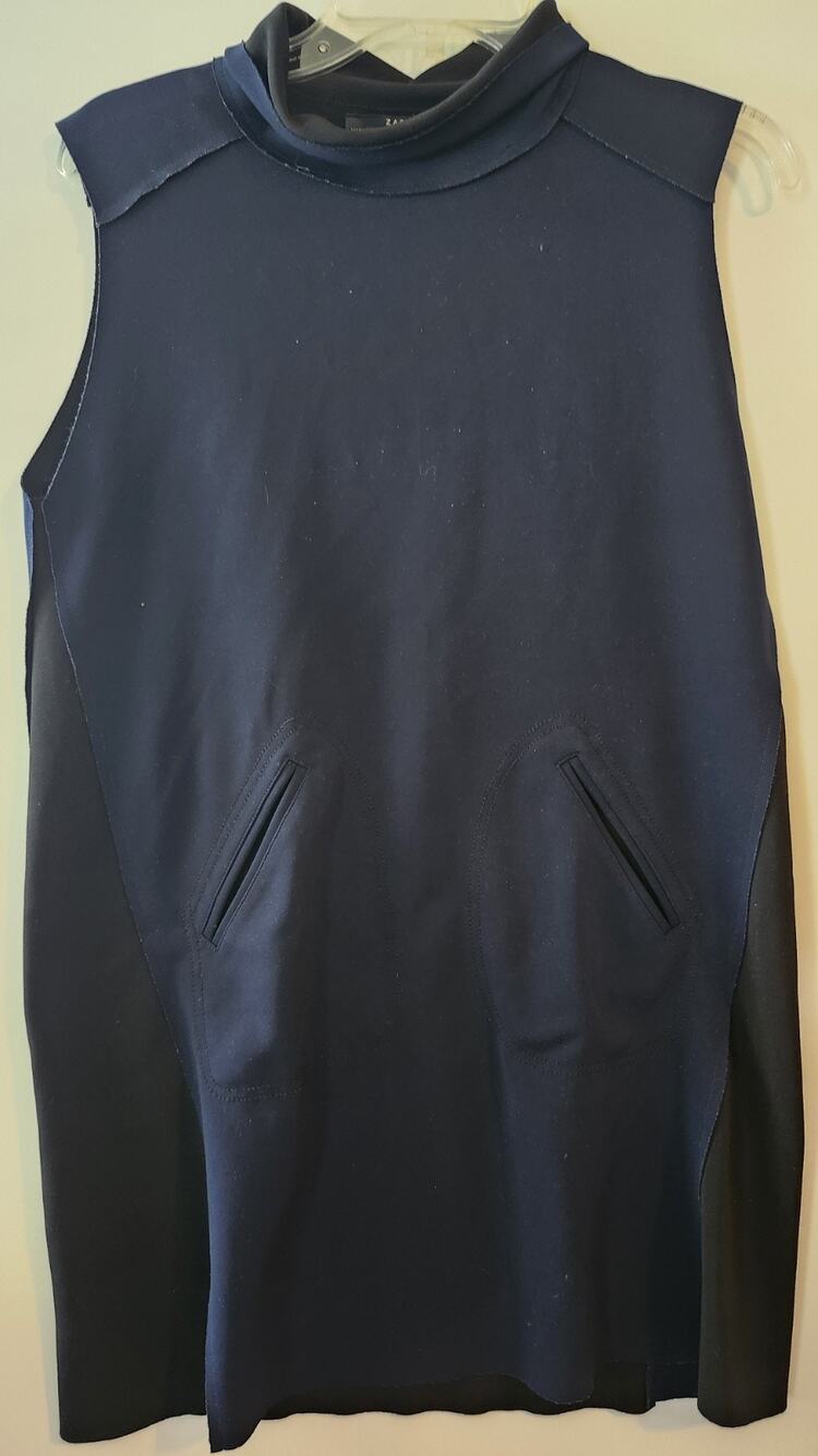 ZARA Navy Blue Colorblock Mock Neck Shift Dress Sleeveless Pockets Size M #388